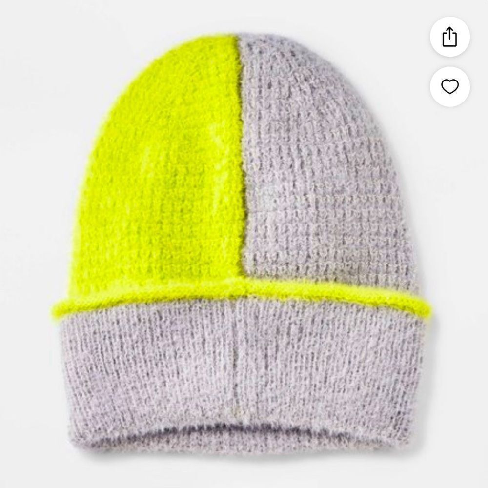 Wild Fable Women’s Gray Neon Green Colorblock Sweater Knit Beanie Hat OS